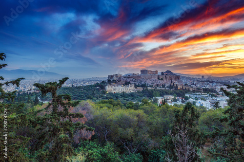View on Acropolis in Athens, Greece, at sunrise. Scenic travel background with dramatic sky.