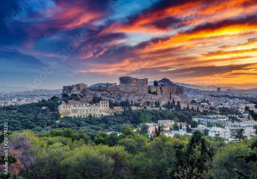 View on Acropolis in Athens, Greece, at sunrise. Scenic travel background with dramatic sky.