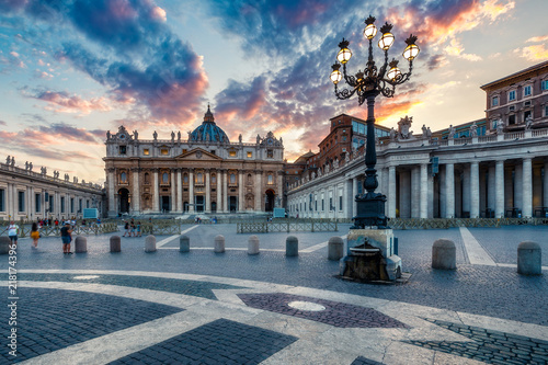 St. Peter's Basilica in Rome, Italy, at sunset. Colourful travel background with dramatic sky.