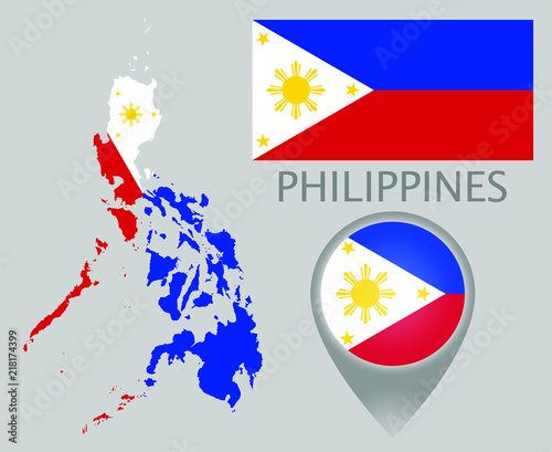 Colorful flag, map pointer and map of Philippines in the colors of the philippine flag. High detail. Vector illustration