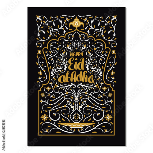 Eid al-Adha celebration card template. Eid al-Adha mubarak lettering or calligraphy with black background.