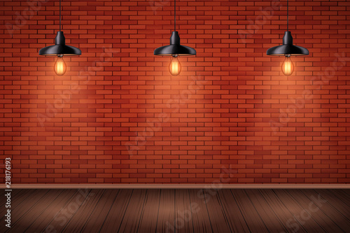 Interior of red brick wall with vintage pendant lamps and wooden floor. Fashion interior. Grunge Industrial Texture. Background of loft and trendy showroom or cafe. Vector Illustration