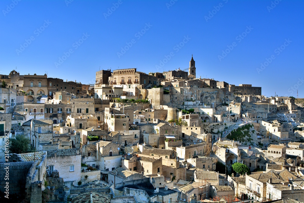Panoramic view of ancient town of Matera (Sassi di Matera) by day. Basilicata, Italy.