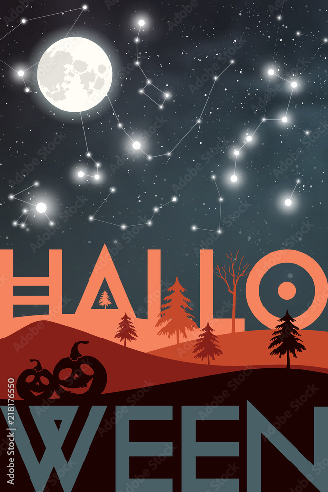 Halloween trick or treat 4x6 inches greeting card with night scenery with full moon, bats and carved pumpkin on the river shore. Halloween trick or treat 4x6 inches greeting card with night scenery with full moon, bats and carved pumpkin on the river shore.