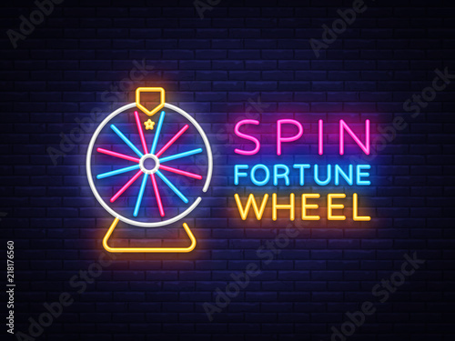 Fortune Wheel Neon Logo Vector. Fortune Wheel neon sign, design template, modern trend design, night neon signboard, night bright advertising, light banner, light art. Vector illustration