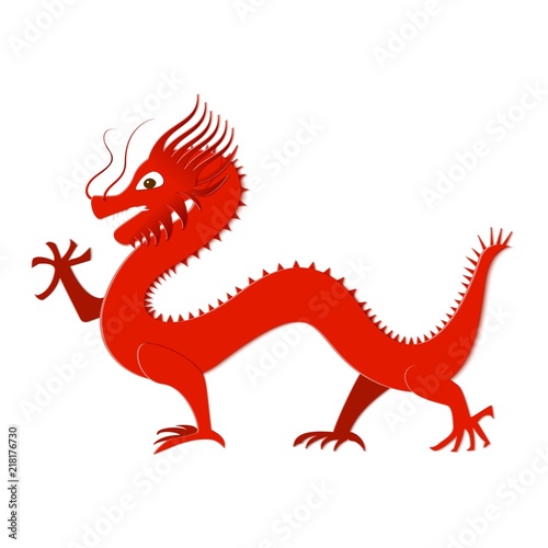 Asian red dragon in paper cut style on white background. Origami dragon for the year 2024. Traditional Chinese goroscop symbol. Vector card illustration.