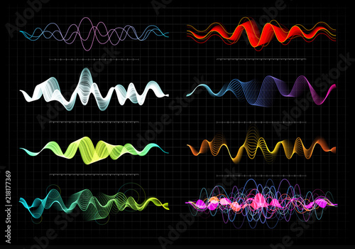 Equalizer vector illustration. Abstract wave icon set for music and sound. Pulsation color wavy motion lines on black background. Radio frequency graph. Graphic digital voice. Stock rate line.