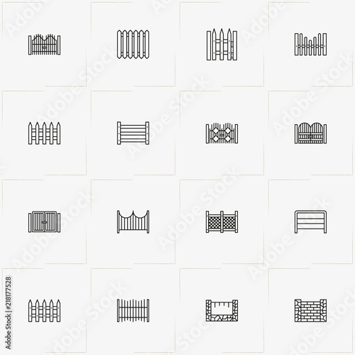 Fences And Wickets line icon set with fence, wicket and gate