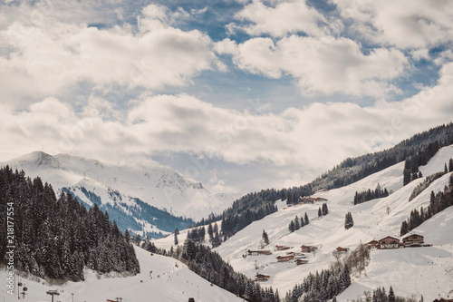 Neblige Winterlandschaft mit Tannen in Österreich