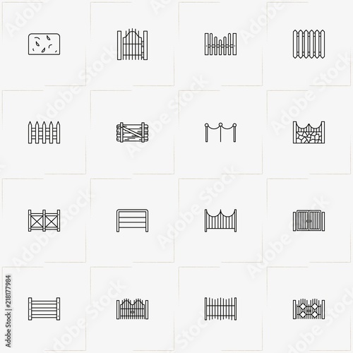Fences And Wickets line icon set with fence, gate and wicket