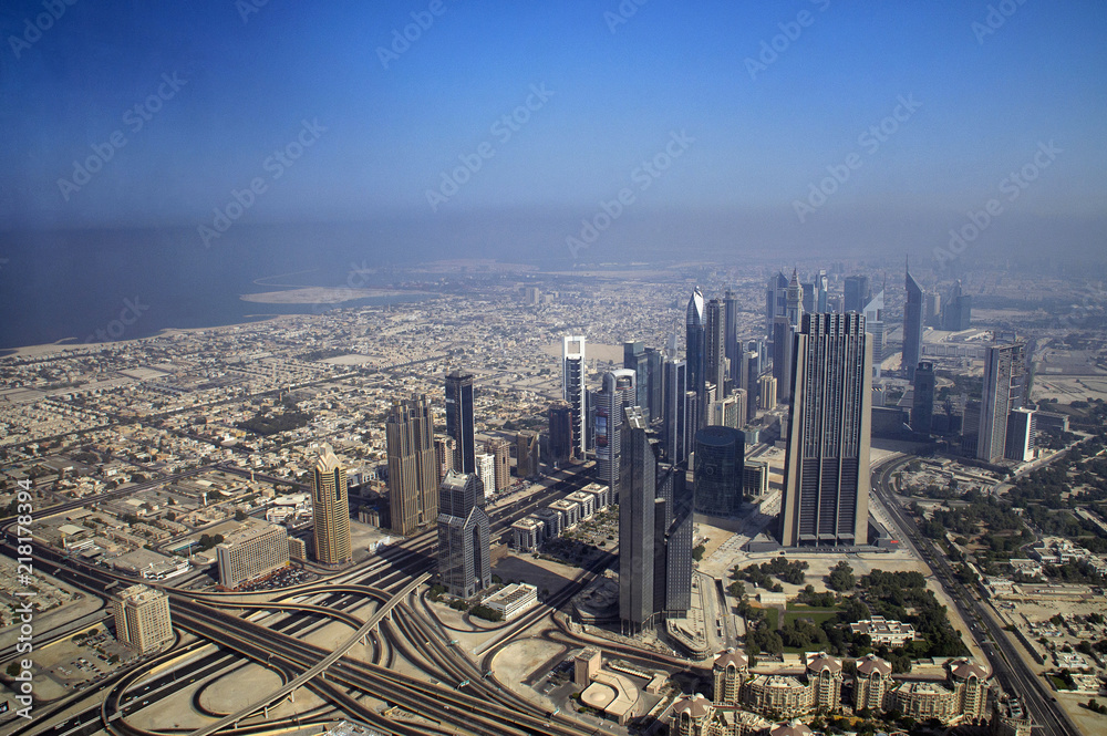 Dubai city a view from observation deck of Burj Khalifa. Dubai