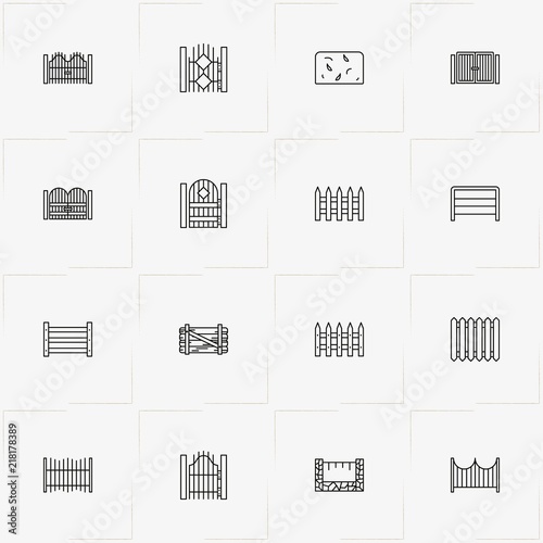 Fences And Wickets line icon set with fence, wicket and gate