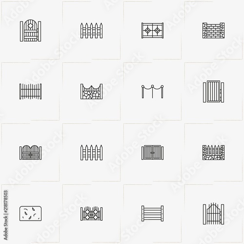 Fences And Wickets line icon set with fence, gate and wicket
