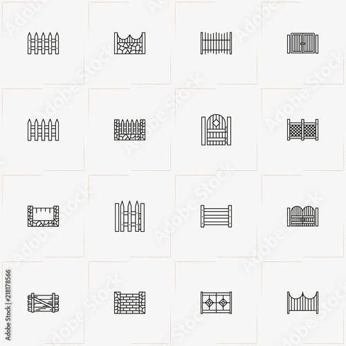 Fences And Wickets line icon set with fence, wicket and gate