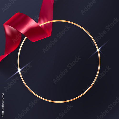 Golden beaming ring frame. Red ribbon and gold circle decoration on black background. Award ceremony background.