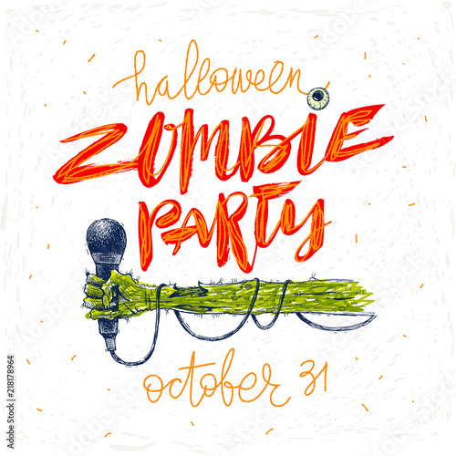 Zombie party - vector illustration. Halloween greeting card, poster or invitation with hand drawn illustration and calligraphy.