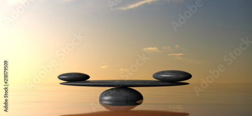 Zen balancing stones on water, sky on sunset background. 3d illustration