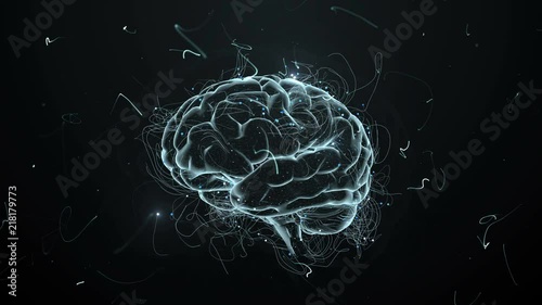3d render abstract background with brain that surrounded with particles with twisted trails. Trails and particles are symoizing ideas.