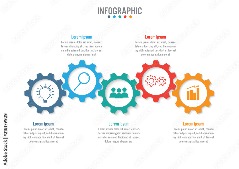 Business infographic template with 5 options gear shape, Abstract elements diagram or processes and business flat icon, Vector business template for presentation.Creative concept for infographic. - obrazy, fototapety, plakaty 
