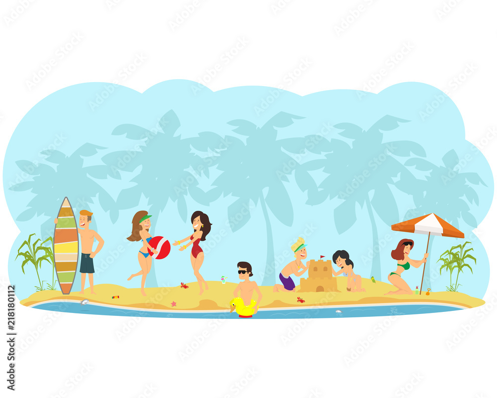 people rest, sunbathe and have fun on the beach.