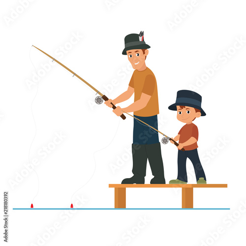 father and son are fishing.