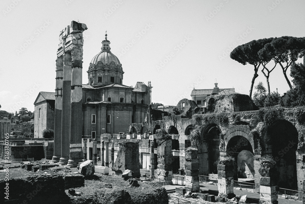 Obraz premium Black and white image of the Roman Forum, Rome