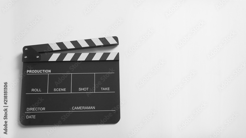  Clapper board or movie slate use in video production or movie and cinema industry. It's black color on white background.