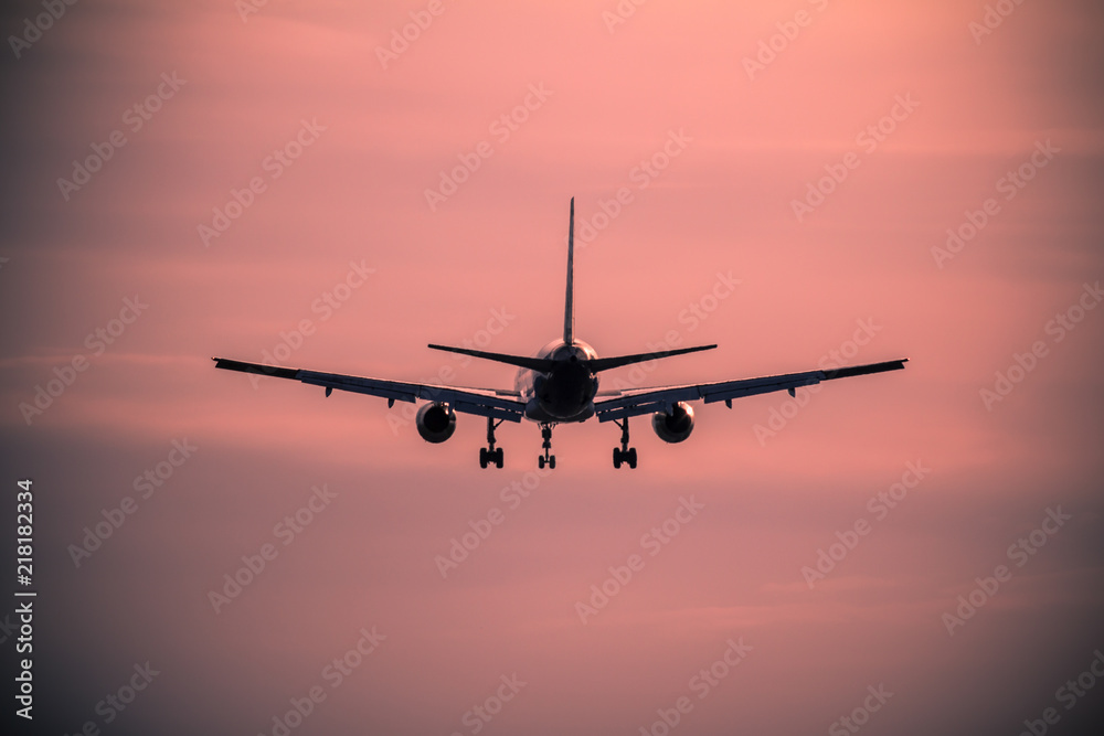 Airplane landing at sunset