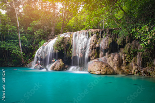 Erawan waterfall in tropical forest, Thailand 