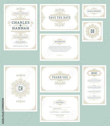 Set wedding invitations cards flourishes ornaments.