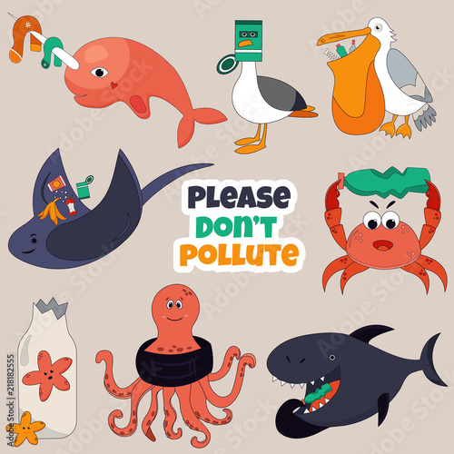 Set of Eco animals. Stop ocean pollution concept