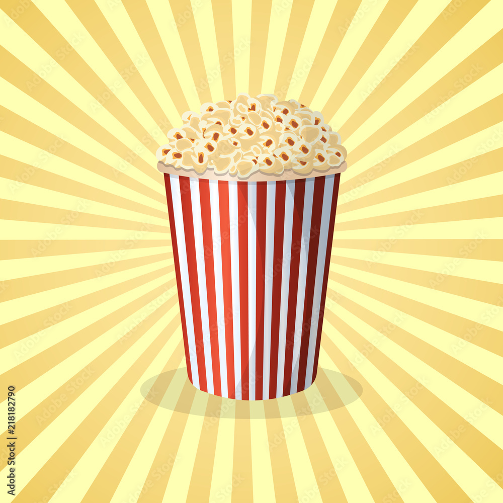 Popcorn in striped bucket - cute cartoon colored picture. Graphic design  elements for menu, packaging, advertising, poster, brochure or background.  Vector illustration of fast food. Stock Vector | Adobe Stock