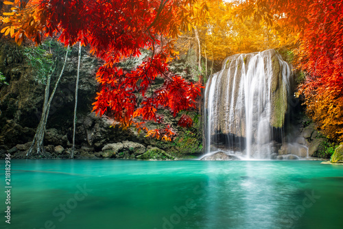 Amazing beauty of nature, waterfall at colorful autumn forest 