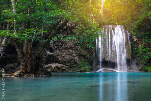 Erawan waterfall in tropical forest, Thailand 