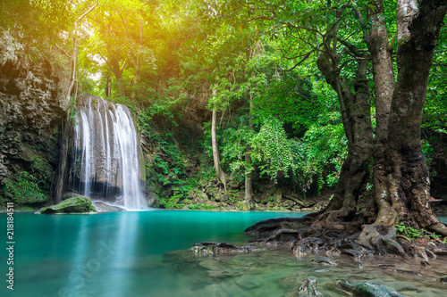 Erawan waterfall in tropical forest, Thailand 