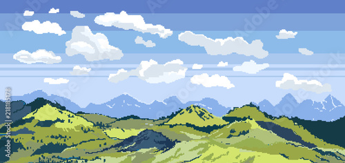 Pixel art background. Location with mountains, grass and clouds. Landscape for game or application. Outdoor concept. Vector sky with clouds pixel art background. vector pixel art clouds collection. photo