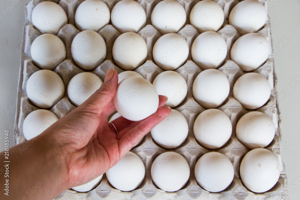 The fresh eggs in the hand. Fresh eggs on the eggs tray The fresh eggs in the hand. Fresh eggs on the eggs tray