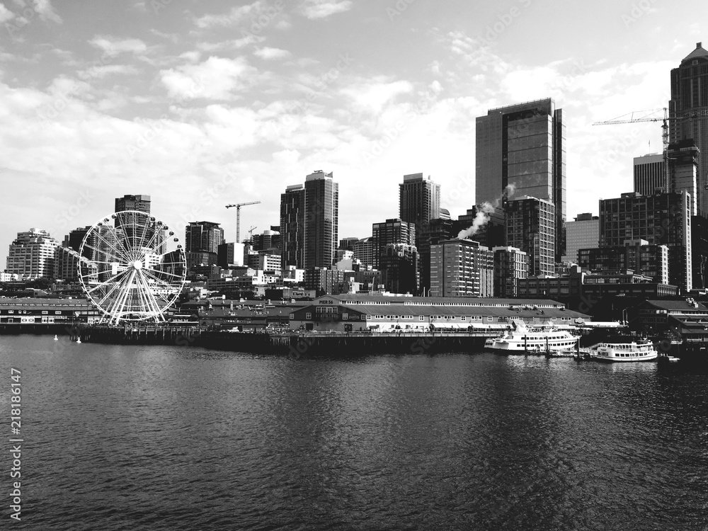 Skyline Seattle downtown on Ferries, Black and white, Lake, Seattle Great Wheel, USA, Washington State AUGUST 2018