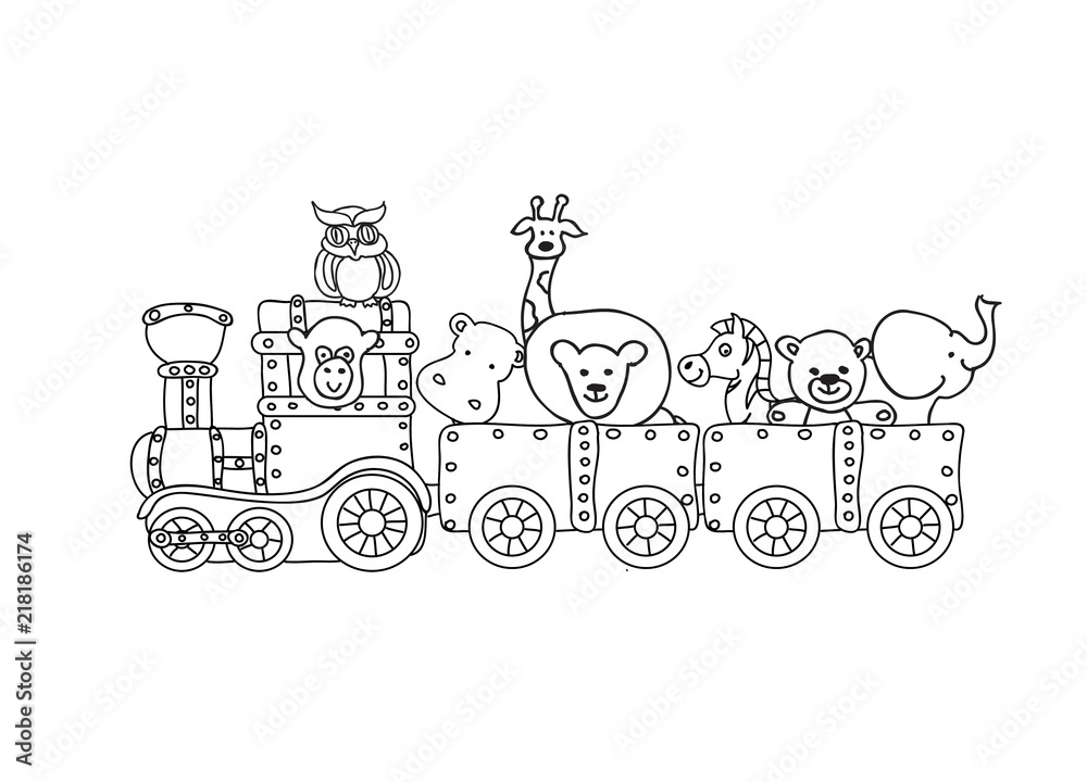 Retro steampunk train with animals children coloring page isolated on ...