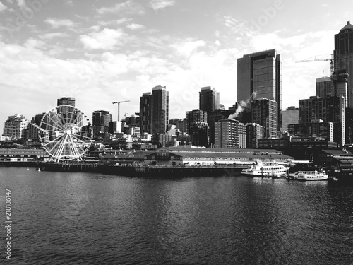 Skyline Seattle downtown on Ferries  Black and white  Lake  Seattle Great Wheel  USA  Washington State AUGUST 2018