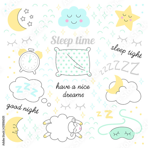 Sleep time sketch icons set isolated vector.