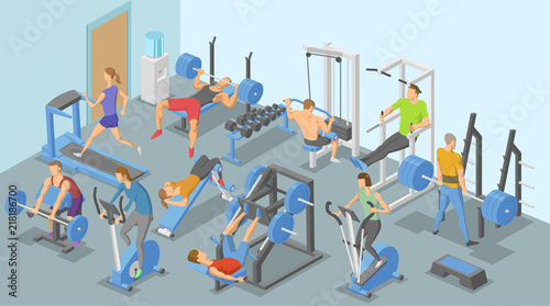 People and training apparatus in the gym, various types of physical exercises. Isometric flat vector illustration. Horizontal.