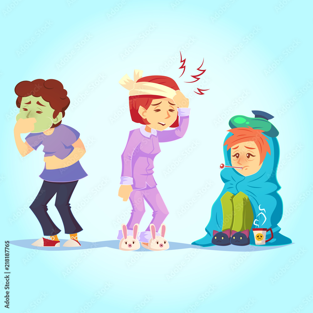 Set of ill people having cold flu feel unwell, nausea headache temperature  cartoon style vector illustration Stock Vector | Adobe Stock