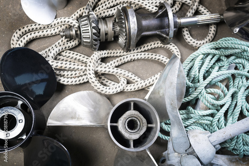 Boat propellerl, gears and  ropes photo