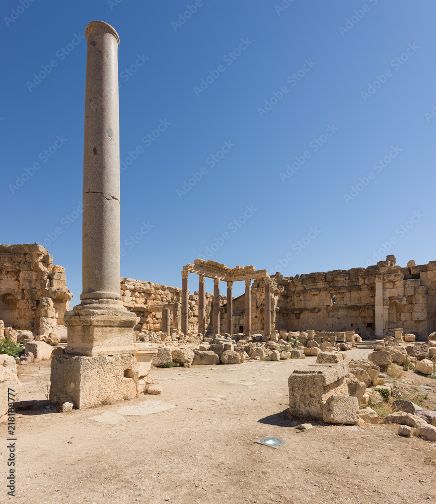 Column and decors in ancient roman temple of Jupiter, Baalbec heritage site, Lebanon.