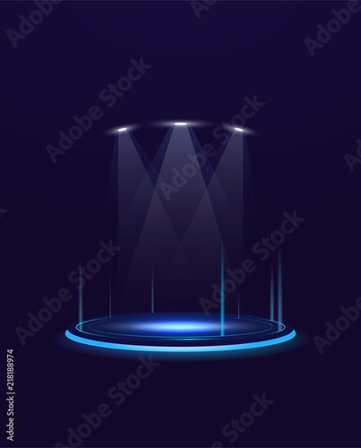 Glowing pedestal with glowing flares and spotlights. Blue neon glowing circles on the floor. Shining projectors from above. Performance or show spot ligts template. Light beam and illumination.