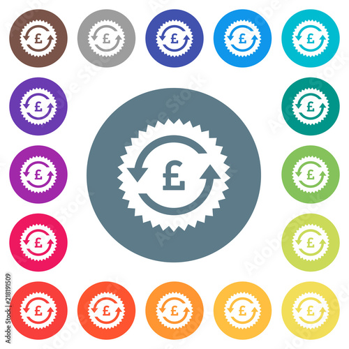 Pound pay back guarantee sticker flat white icons on round color backgrounds