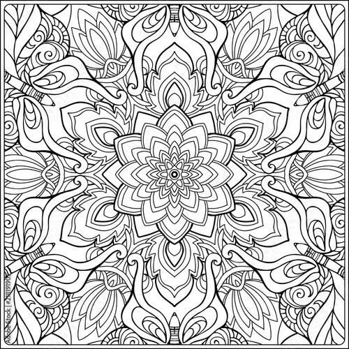 seamless pattern. Outline hand drawing. Good for coloring page for the adult coloring book. Stock vector illustration.Abstract vector decorative ethnic mandala black and white