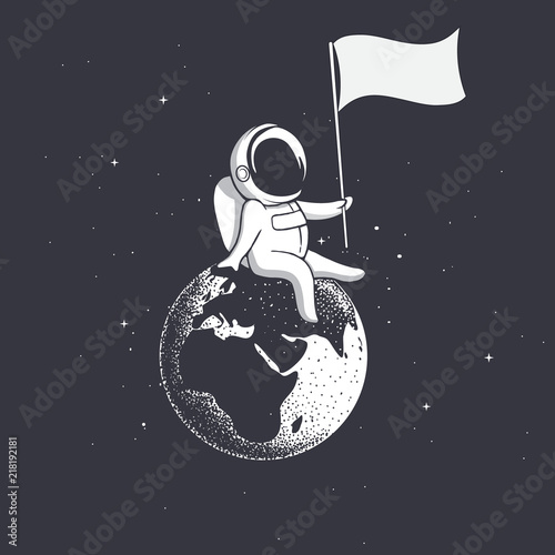 Astronaut, sitting on the Earth, holds a flag.Space vector illustration