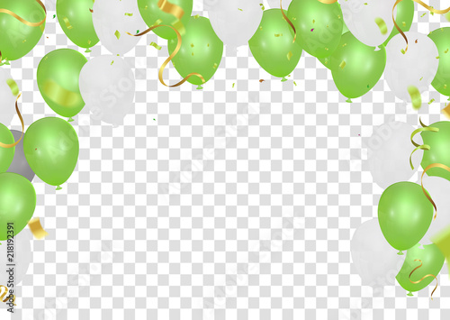 Green balloons, vector illustration.colorful flying balloons,confetti glitters for event and holiday poster.